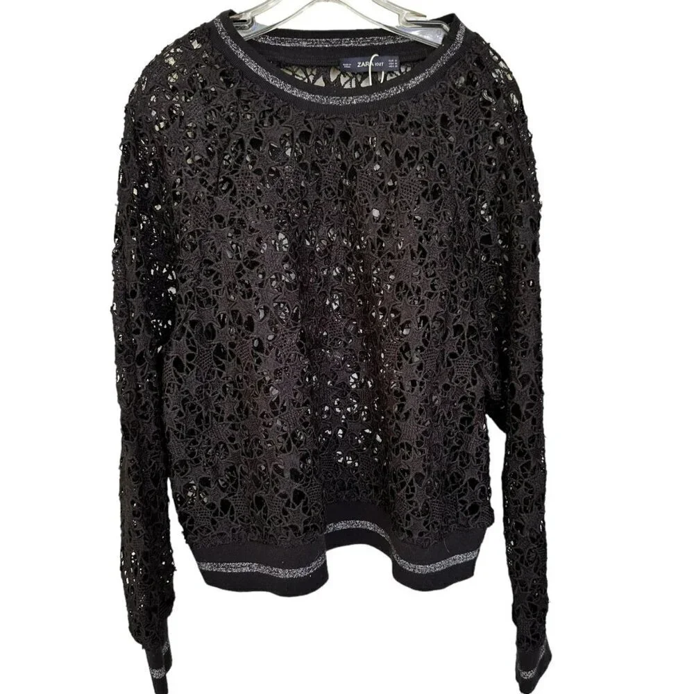 2/$30 Zara Knit Womens Medium Top Floral Crochet Black Lace Long Sleeve Knitwear